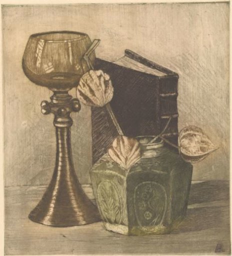 Still Life with Book, Wine Glass and Lantern Plant in a Ginger Jar