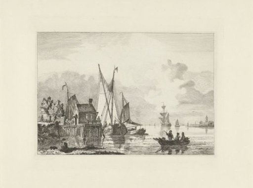 River landscape with moored sailing ships