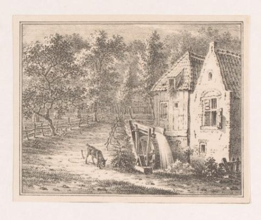 Landscape with a watermill and a grazing goat on a leash