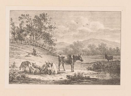 Hilly landscape with a shepherd and dog, two cows, four sheep and a goat