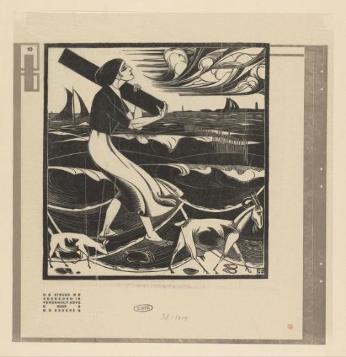 Woman carrying a beam and two goats on the beach