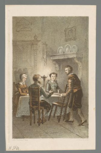 Interior with four figures around a table