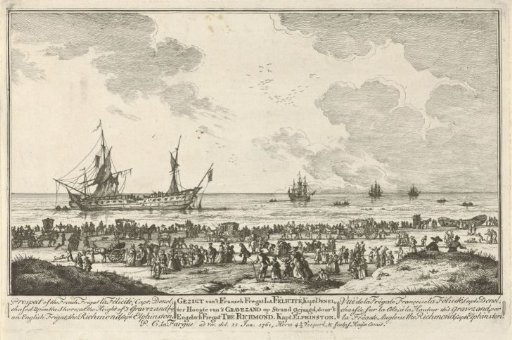 French frigate La Félicité chased by an English frigate onto the beach, 1761
