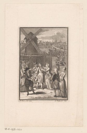 Group of figures in front of a mill, possibly a scene from a play