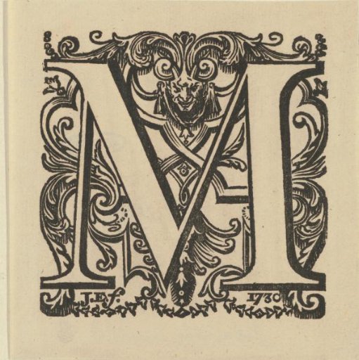 Letter M in a frame with the head of a monster