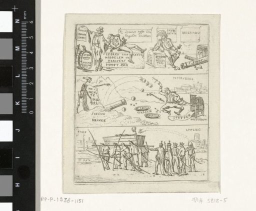 Satirical print with three images about the losses in Spain, Moscow and Leipzig