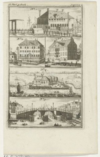 Four different buildings and a bridge in Amsterdam