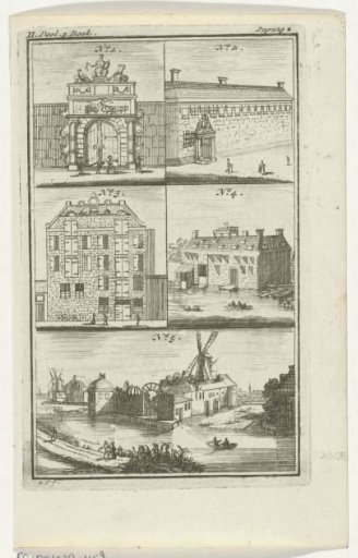 Three buildings, a gate, and a mill in Amsterdam