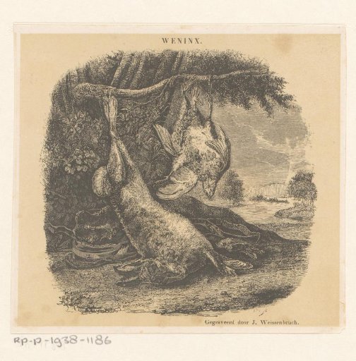 Hunting still life with a hare and poultry in a landscape