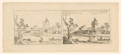 Two views of the same landscape with a tower and a river