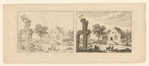 Two views of the same landscape with a farm and a ruin