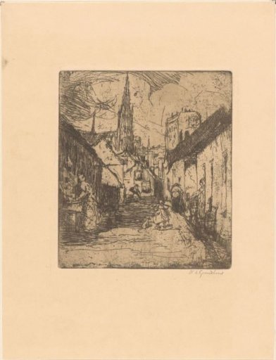 Figures in the street in a Belgian village