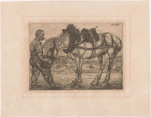 Man leading a horse to a bucket