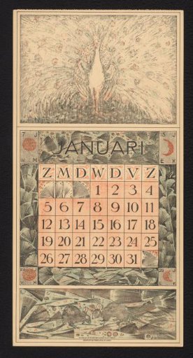 Calendar page for January 1913 with a proud white peacock