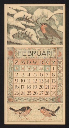 Calendar page for February 1913 with a robin on a snow-covered tree branch
