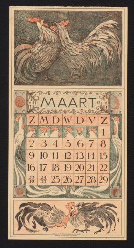 Calendar page for March 1913 with roosters