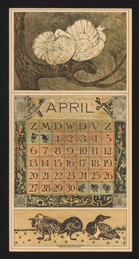 Calendar page for April 1913 with two white doves on a branch