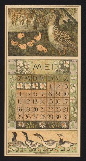 Calendar page for May 1913 with a duck and ducklings