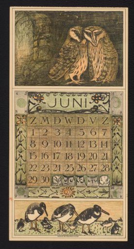 Calendar page for June 1913 with two barn owls