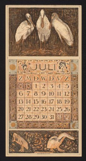 Calendar page for July 1913 with three spoonbills