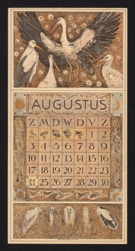 Calendar page for August 1913 with storks