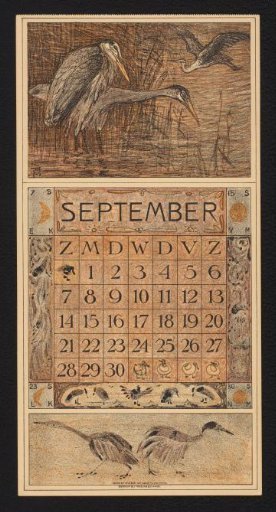 Calendar page for September 1913 with herons in the reeds