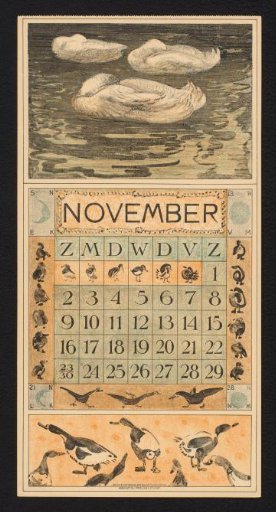 Calendar page for November 1913 with three sleeping ducks on the water