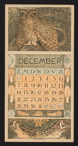 Calendar page for December 1913 with a tawny owl and barn owls