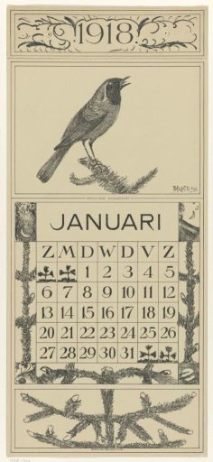 Calendar leaf January with a collared redstart
