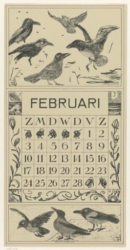 Calendar leaf February with crows