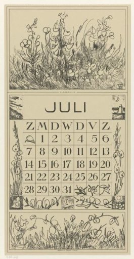 Calendar leaf July with waxwings