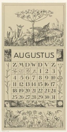 Calendar leaf August with a lark and a flower