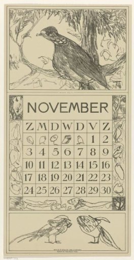 Calendar leaf November with a wood pigeon