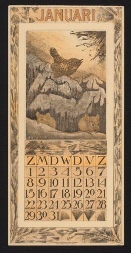 Calendar page for January 1911 with a winter wren and mice