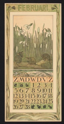 Calendar page for February 1911 with mice and snowdrops