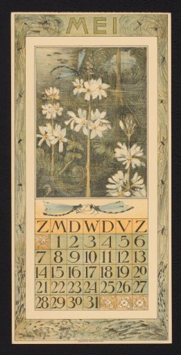 Calendar page for May 1911 with dragonflies and aquatic plants