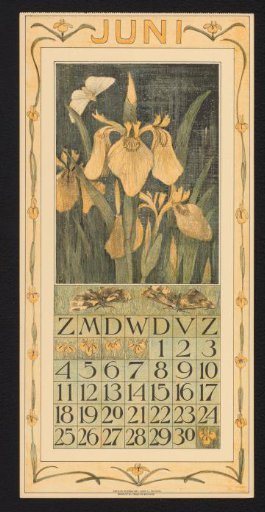 Calendar page for June 1911 with irises and a butterfly