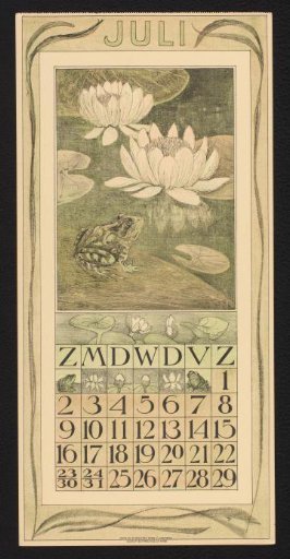 Calendar page for July 1911 with a frog and water lilies