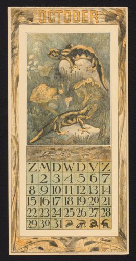 Calendar page for October 1911 with salamanders and mushrooms