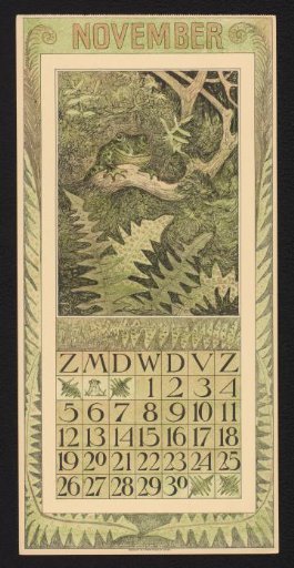 Calendar page for November 1911 with a frog in the forest