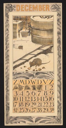 Calendar page for December 1911 with mice in a snowy landscape