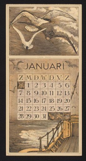 Calendar page for January 1912 with three seagulls over the sea