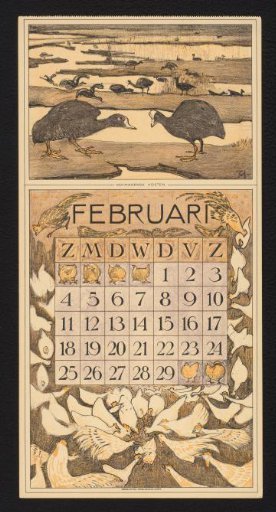 Calendar page for February 1912 with coots