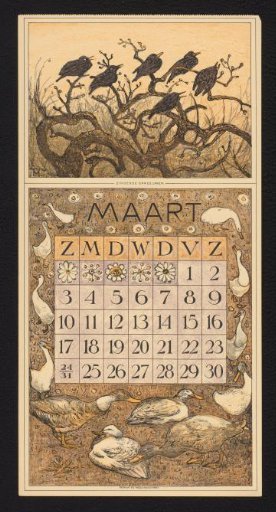 Calendar page for March 1912 with rooks in a tree