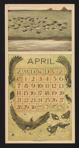 Calendar page for April 1912 with oystercatchers and lapwings