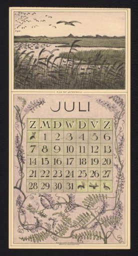 Calendar page for July 1912 with a water-rich landscape with birds