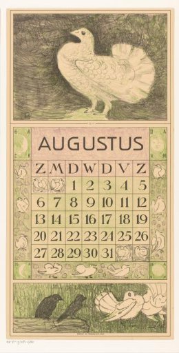 Calendar page August with white dove
