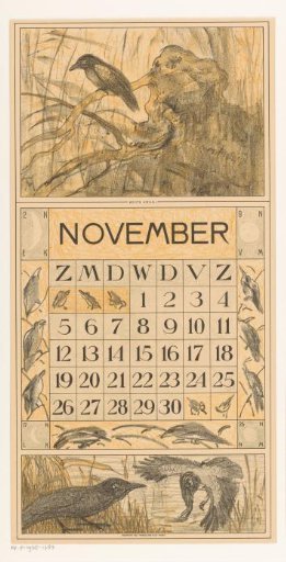 Calendar leaf November with a pied crow