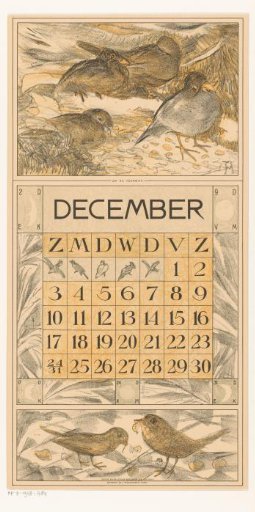 Calendar leaf December with feeding birds