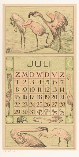 Calendar leaf July with flamingos